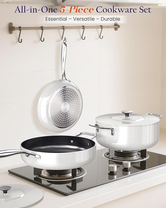 Nuwave Essential Series 5PC Ceramic Cookware Set PFAS-Free, G11 Duralon Blue Coating, Pots and Pans Set Non Stick, Diamond Scratch-Resistant,Stay-Cool Handle, Metal Lid,Induction Ready,Dishwasher Safe