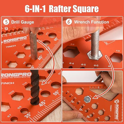 6-in-1 Carpenter Square 7 inch, Aluminum Rafter Square, Multi-Purpose Carpenter Tools : Wrench, Square, Protractor, Ruler, Marking Gauge, Drill Gauge, Includes 2pcs Carpentry Pencil (Champange)
