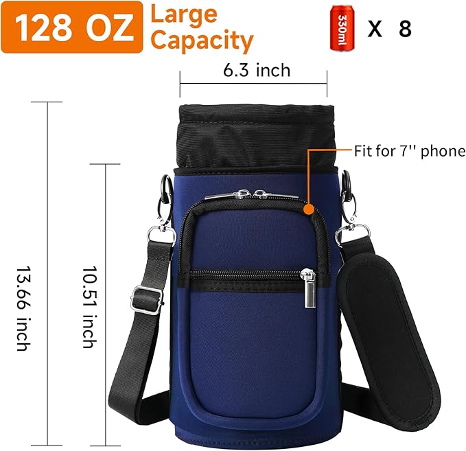 32/40/64/128 oz Neoprene Insulated Water Bottle Carrier Bag, Sling Bag Sleeve Pouch Holder with Strap & Paracord Handle and 2 Pocket for Travelling, Hiking, Camping