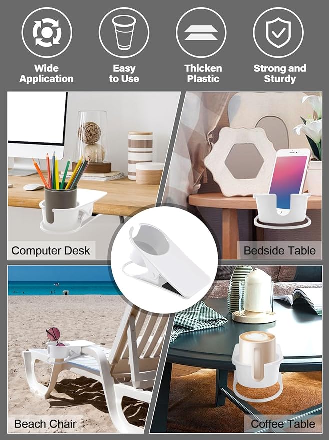 3PCS Drinking Cup Holder Clip Kalolary Chair Desk Bottle Cup Stand DIY Glass Clamp Storage Saucer Clip with Groove for Potted Plant Beverage Coffee Mug Holder Clip for Home & Office (White)