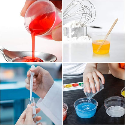 Coopay Plastic Graduated Cups Tools - 50 Pack 30ml/1oz Transparent Scale Measuring Cups, 50 Pack Wooden Stirring Sticks and 3ml Transfer Pipettes for Resin, Epoxy, Stain, Mixing Paint