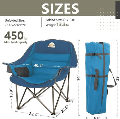 Oversized XL Padded Camping Chair Wide Heavy Duty Lawn Chairs Support 450 LBS Portable Folding Gaint Plus Camp Chair with Side Pocket Cup Holder for Outdoor Outside Sports Baseball-Blue