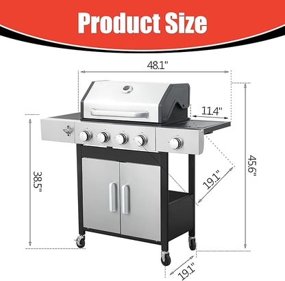 HYCHIKA 4-Burner Propane Grill with Sear & Side Burner, 46790 BTU Gas Grill with Griddle Pan & Enameled Cast Iron Grates, BBQ Grill with 439 Sq. In. Grilling Area for Outdoor, Patio, Backyard Babecue