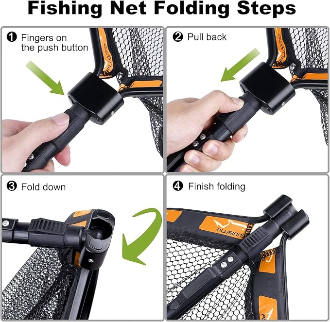 PLUSINNO Floating Fishing Net for Steelhead, Salmon, Fly, Kayak, Catfish, Bass, Trout Fishing, Rubber Coated Landing Net for Easy Catch & Release, Compact & Foldable for Easy Transportation & Storage