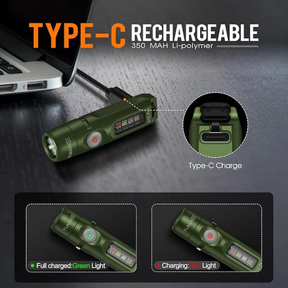 S15Pro Rechargeable Keychain Flashlight,750 High Lumen EDC Pocket Flashlight with Clip,Multifunction Mini COB Light and 365nmUV- 11 Lighting Modes, Tail Magnet, Flash Light(Army Green)