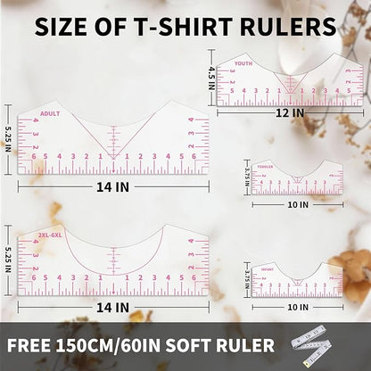 5Pack Tshirt Ruler Guide for Vinyl Alignment, T Shirt Rulers to Center Designs, PVC Measurement Template, Sewing Supplies Accessories Tools for Cricut Heat Press Transfer Vinyl （Pink）