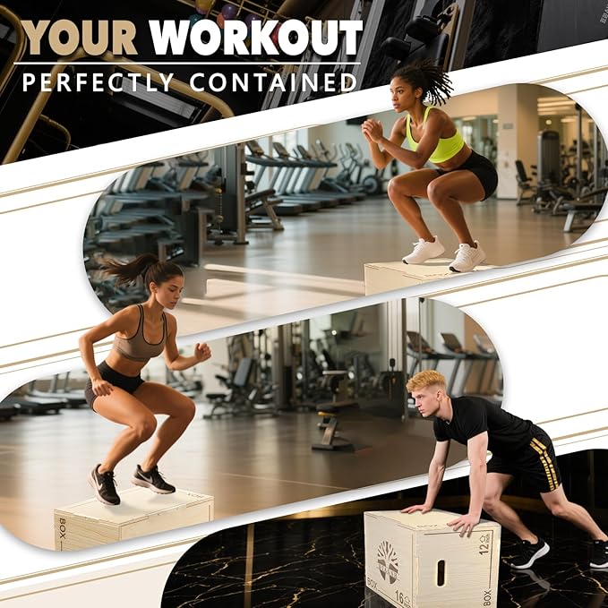 Plyo Box - 3-in-1 Wood Plyometric Jump Platform (16"x12"x8") for Home Gym Training - Ideal for Jumps, Squats & Conditioning-1 Piece