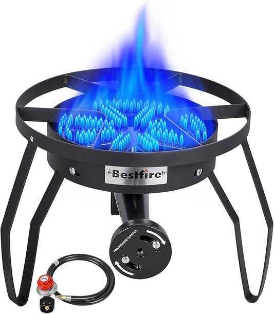 Bestfire 16" Single Propane Burner Camping Stove with 4 Feet High Pressure 0-20 PSI Gas Burner Adjustable Hose 200,000 BTU for Frying, Camping, Home Brewing and Turkey Frying