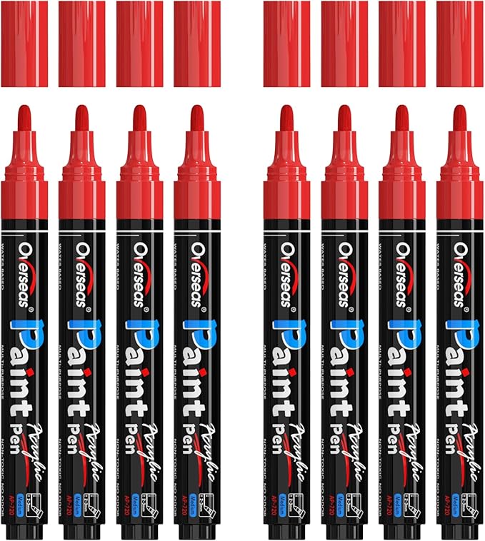 Overseas Red Paint Pens Paint Markers - Permanent Acrylic Markers 8 Pack, Water-Based, Quick Dry, Waterproof Marker Pen for Rock, Wood, Plastic, Metal, Canvas, Glass, Fabric, Mugs. Medium Tip