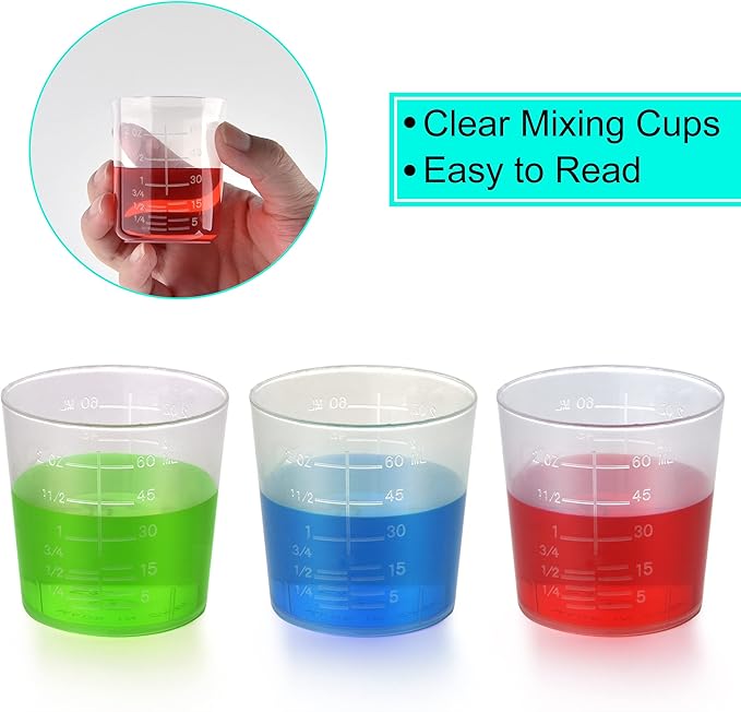 100 Pack 60ml/2oz Transparent Measuring Cups Reusable Clear Plastic Graduated Epoxy Mixing Cups with 100 Pack Wooden Stirring Sticks for Liquids Resin, Epoxy, Stain, Mixing Paint, School Labs