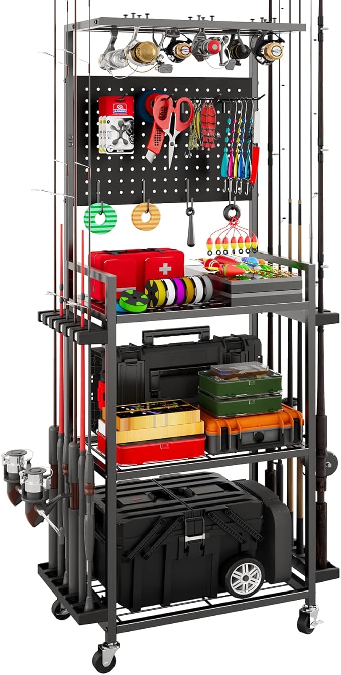 Fishing Rod Holders for Garage, Fishing Rod Storage Rack with Hooks & Wheels, Fishing Pole Holder Organizer, Tackle Box & Reel Storage Black