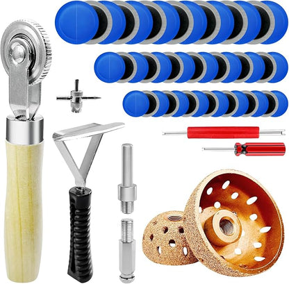54Pcs Tire Patch Kit Heavy Duty, Tire Repair Tools 42 mm 55 mm Tungsten Steel Buffing Wheel with 32/42/58mm Tire Patches, Inner Liner Scraper, Tire Patch Roller for Car Grinding Polishing Accessories