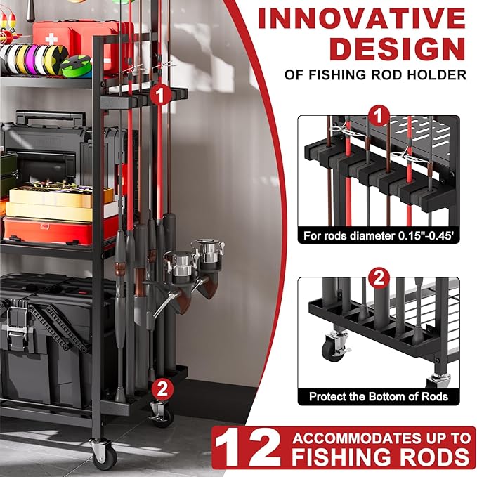 Fishing Rod Holders for Garage, Fishing Rod Storage Rack with Hooks & Wheels, Fishing Pole Holder Organizer, Tackle Box & Reel Storage Black