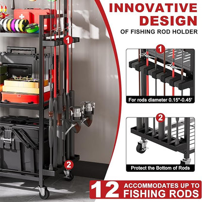 Fishing Rod Holders for Garage, Fishing Rod Storage Rack with Hooks & Wheels, Fishing Pole Holder Organizer, Tackle Box & Reel Storage Black