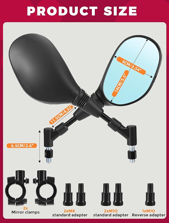 ATV Motorcycle Rearview Side Mirrors Universal 360 Degrees Ball-Type Adjustable 7/8" Handlebar Mount 8mm 10mm Adapters for Scooter Dirt Bike Snowmobile Moped EBike Polaris Sportsman Honda Rincon