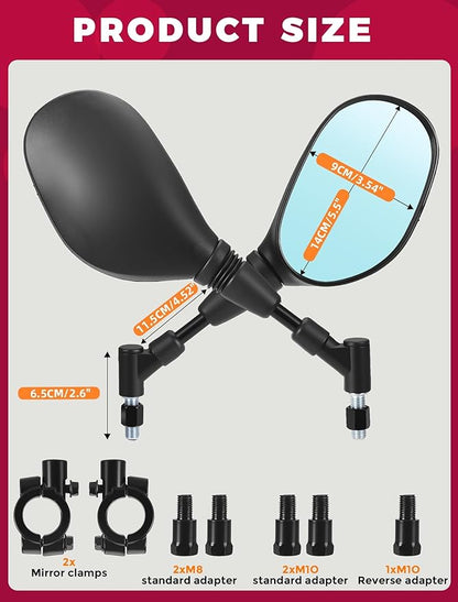 ATV Motorcycle Rearview Side Mirrors Universal 360 Degrees Ball-Type Adjustable 7/8" Handlebar Mount 8mm 10mm Adapters for Scooter Dirt Bike Snowmobile Moped EBike Polaris Sportsman Honda Rincon