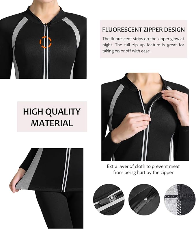 NonEcho Women Sauna Suit Waist Trainer Jacket Hot Sweat Top Neoprene Body Shaper Workout Suit Running Cycling Jersey Black