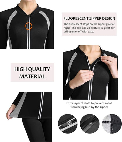 NonEcho Women Sauna Suit Waist Trainer Jacket Hot Sweat Top Neoprene Body Shaper Workout Suit Running Cycling Jersey Black