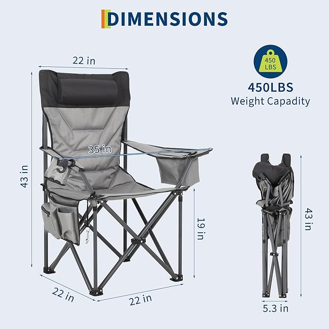 GAOMON Oversized Padded Camp Chair，Heavy Duty Camping Chair 500Lbs Capacity with High Back Support & Headrest, Folding Portable Camping Chair for Beach, Fishing, Backyard,1 Pack
