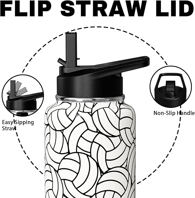 Volleyball Water Bottle 32oz Insulated Sports Water Bottles Volleyball Gifts for Men Women Gift for Volleyball Coach Lovers Fan Players Volleyball Stuff Accessories for Boys Girls