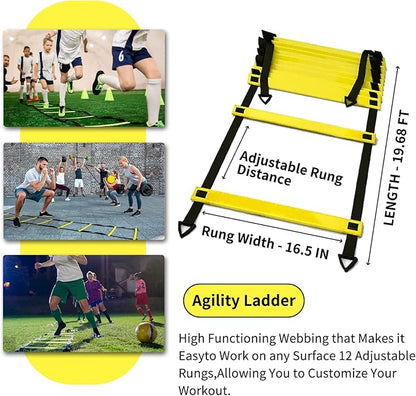 Soccer Agility Training Equipment Set, 12 Rung 20Ft Agility Ladder, 12 Disc Cones, 4 Steel Stakes, Solo Soccer Trainer, Jump Rope - Speed Training Equipment for Soccer Football Basketball