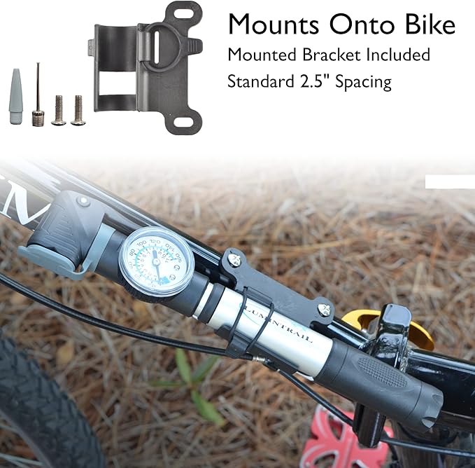 Lumintrail Portable Mini Bike Pump Fits Presta Valve & Schrader Valves - Frame Mount Bicycle Tire Air Pump with Pressure Gauge - Portable Small Ball, Bike Pump