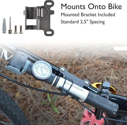 Lumintrail Portable Mini Bike Pump Fits Presta Valve & Schrader Valves - Frame Mount Bicycle Tire Air Pump with Pressure Gauge - Portable Small Ball, Bike Pump
