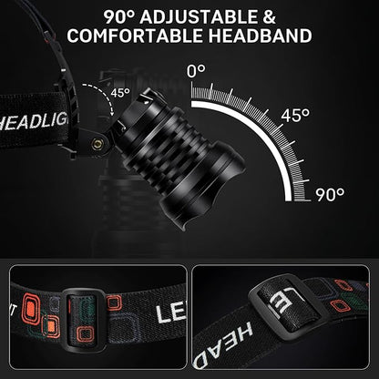 azamine Rechargeable Headlamp Super Bright 99000 Lumens, LED Head Lamp with 3 Modes, 90° Adjustable Head Lights for Forehead, IPX6 Waterproof HeadLamps for Adults Camping Hunting Hiking