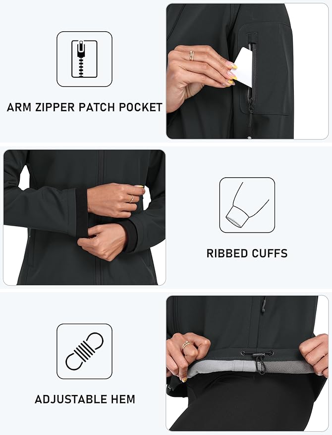 MoFiz Women's Fleece Lined Softshell Jacket Hooded Windproof Lightweight Insulated Jacket Full Zip Warm Coat