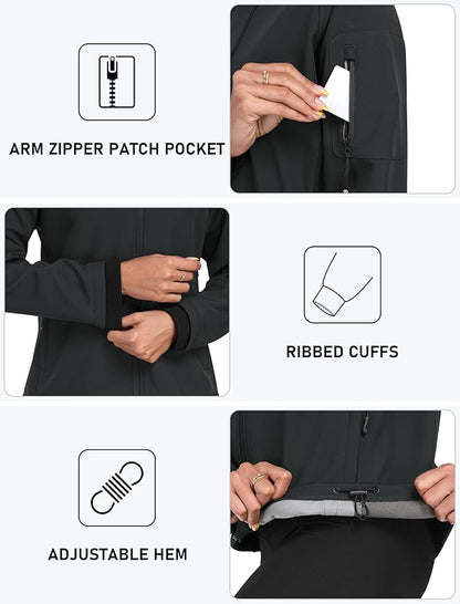 MoFiz Women's Fleece Lined Softshell Jacket Hooded Windproof Lightweight Insulated Jacket Full Zip Warm Coat