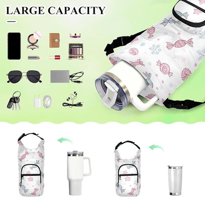 Candies Bows Stars Snowflake Water Bottle Holder with Strap Insulated Water Bottle Carrier Crossbody Bags Pouch with Phone Pocket for Travel Gym Hiking Walking Running