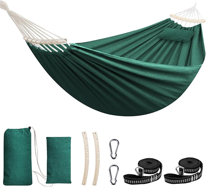 Chihee Cotton Hammock Large Soft Breathable Camping Hammock Holds Up to 660lbs Portable Tree Hammock with Detachable Spreader Bar Pillow 2 Strong Webbings 2 Carabiners Patio Garden Indoor Outdoor