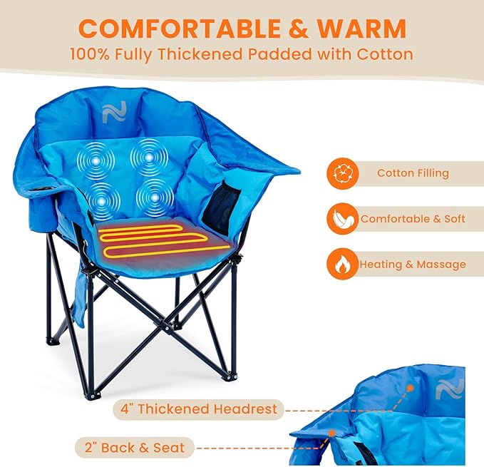 NAIZEA Heated Massage Camping Chairs,Heated Outdoor Chair w/3 Heating Mode, Oversized Heated Chair for Adults, Heavy Duty Folding Camping Chairs for Camp,Fishing, Sports Events,NOT Included Battery