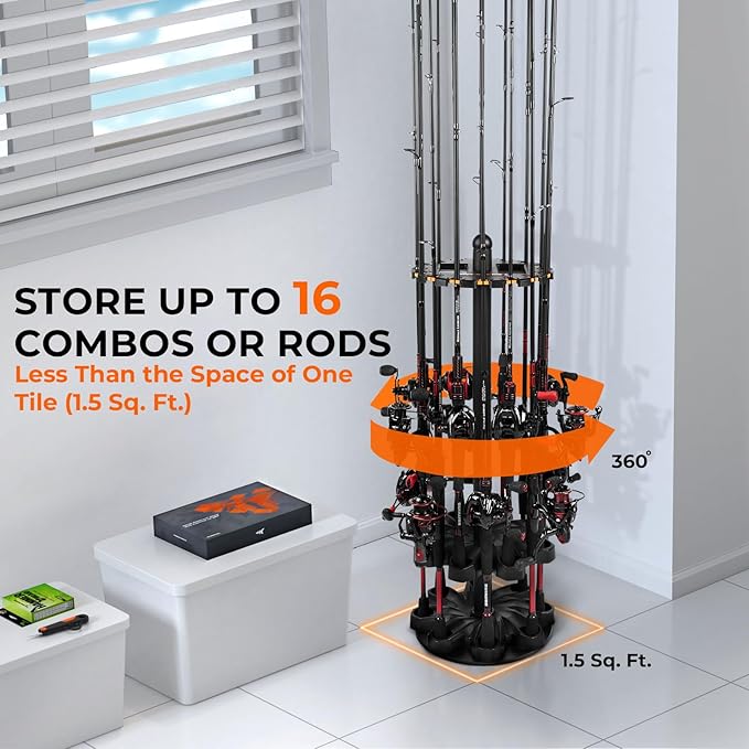 KastKing V16 Fishing Rod Rack With Rotating Base- Fishing Pole Rack Holds Up to 16 Fishing Rods or Combos, Lightweight and Durable ABS Construction, Space-Saving Fishing Rod Holders for Garage