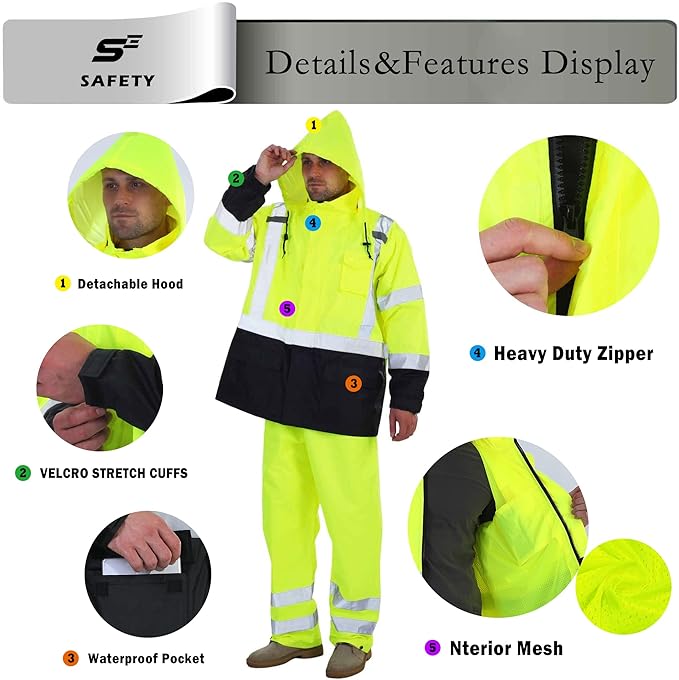 sesafety Hi Vis Rain Jacket, Rain Suits for Men Waterproof withBlack Bottom, Rain Coats for Men Interior Mesh, Class 3 HighVisibility Rain Gear,Removable Hood