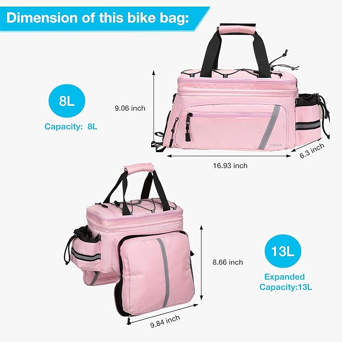 MOSISO Bike Rack Bag with Rain Cover, Bike Trunk Cooler Handag Insulated Bicycle Rear Seat Pouch with 2 Side Foldable Panniers, 8L Cycling Backseat Storage Cargo Saddle Shoulder Bag, Pink