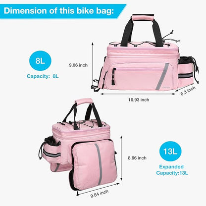 MOSISO Bike Rack Bag with Rain Cover, Bike Trunk Cooler Handag Insulated Bicycle Rear Seat Pouch with 2 Side Foldable Panniers, 8L Cycling Backseat Storage Cargo Saddle Shoulder Bag, Pink