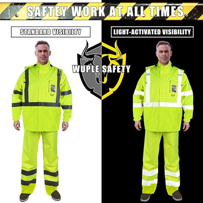 Rain Suits for Men Waterproof，Class 3 Hi Vis Rain Gear with Collapsible Hood， Breathable Safety Rain Jacket with Inner Mesh Lining and pocket，Reflective Waterproof Pants L/XL