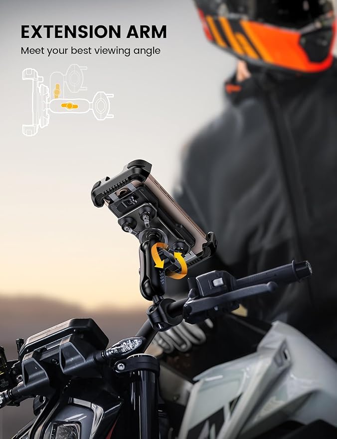 Aomiker Motorcycle Phone Mount Holder - [Metal Extension Arm] [Dual Vibration Dampener] Motorcycle Cell Phone Mount, Bike Phone Handlebar Clamp for iPhone 16 15 14 13 Pro Max Plus, 4.7-6.7" Smartphone