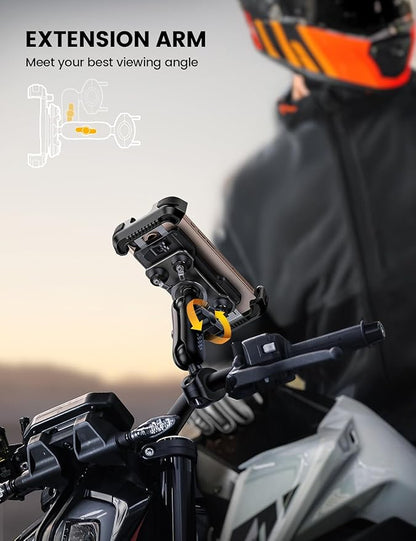 Aomiker Motorcycle Phone Mount Holder - [Metal Extension Arm] [Dual Vibration Dampener] Motorcycle Cell Phone Mount, Bike Phone Handlebar Clamp for iPhone 16 15 14 13 Pro Max Plus, 4.7-6.7" Smartphone