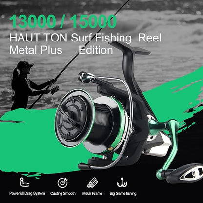 HAUT TON Spinning Reel 8000/9000/10000/12000/14000,6+1BB Metal Surf Fishing Reels,4.8:1 Gear Ratio 55lbs Drag Heavy Long Casting Inshore Saltwater Monster Fish
