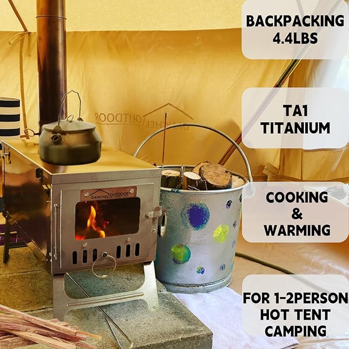 DANCHEL OUTDOOR T6 Ultralight Titanium Wood Stove for Camping Backpacking, 4.4lbs Folding Hot Tent Stove with 7.2ft Chimney Pipe, Easy Setup for 1 Person Winter Survival, Cooking