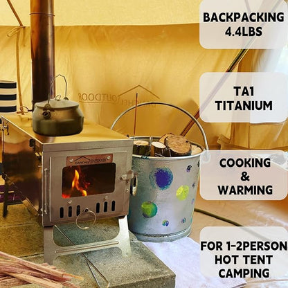 DANCHEL OUTDOOR T6 Ultralight Titanium Wood Stove for Camping Backpacking, 4.4lbs Folding Hot Tent Stove with 7.2ft Chimney Pipe, Easy Setup for 1 Person Winter Survival, Cooking