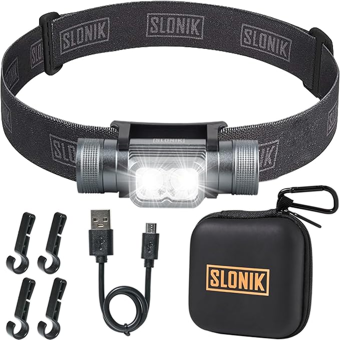 SLONIK Rechargeable Headlamp for Adults - 1000 Lumens Super Bright 60 ft Beam LED Flashlight - Lightweight, Heavy-Duty, IPX4 Waterproof Hard Hat Light - Camping Gear, Running Headlight, Black