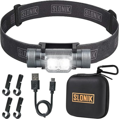 SLONIK Rechargeable Headlamp for Adults - 1000 Lumens Super Bright 60 ft Beam LED Flashlight - Lightweight, Heavy-Duty, IPX4 Waterproof Hard Hat Light - Camping Gear, Running Headlight, Black
