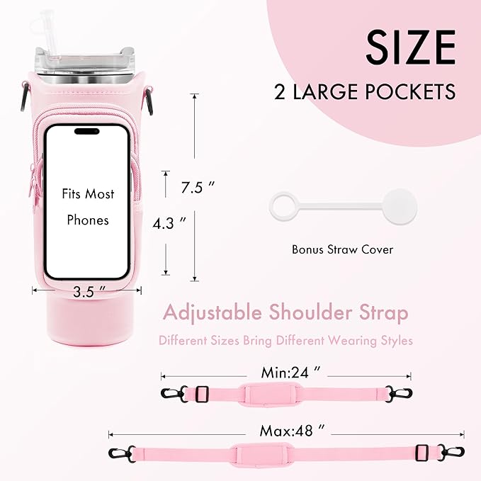 Water Bottle Carrier Bag with Phone Pocket for Stanley Cup 40/30 oz, Water Bottle Holder with Adjustable Strap& Straw Cover, Stanley Cup Accessories