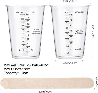 Yunsailing 300 Pieces 8 oz Plastic Measuring Cups With 300 Wooden Mixing Sticks, Disposable Measuring Cups for Epoxy Resin, Liquid, Paint, Cooking and Baking