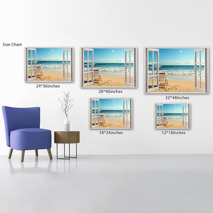 ANRUOXI Beach Wall Art, Blue Ocean Canvas Wall Decor, Beach Theme Window Frame Style Prints Blue Sea Painting, White Window Frame Style Seaside Nature Coastal Framed Artwork for Bathroom 18x24 Inch