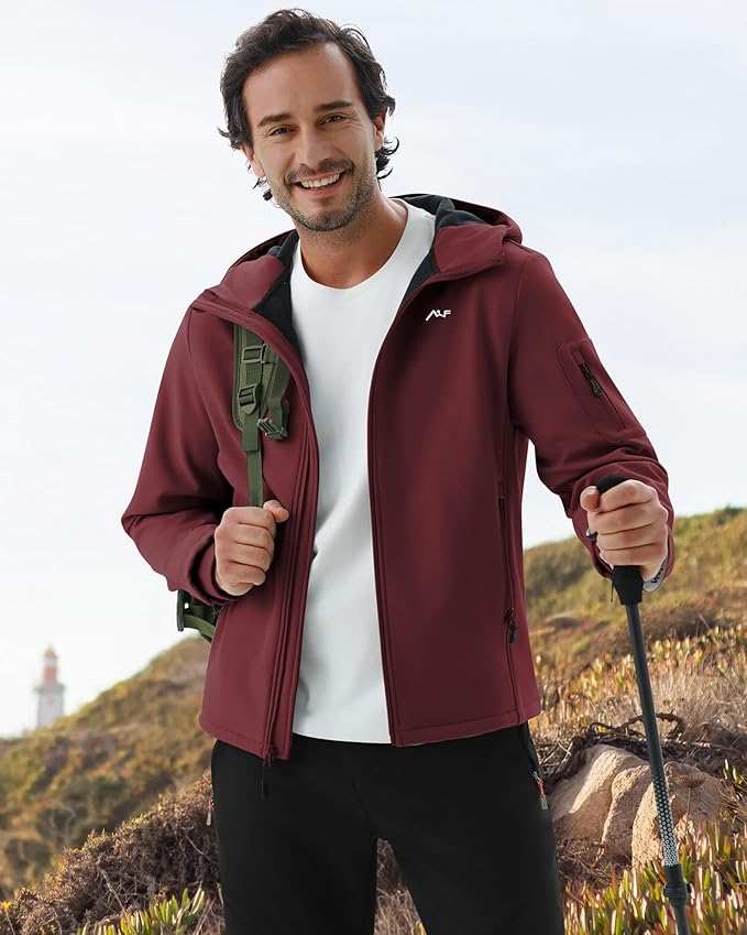 WULFUL Men's Lightweight Softshell Jacket Warm Fleece Lined Windbreaker Waterproof Soft Shell for Outdoor Hiking