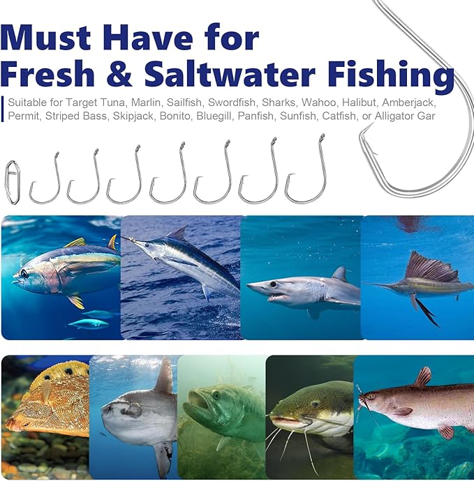 UCEC Circle Hooks Fishing Hooks 2X Strong Offset Circle Hooks Saltwater Black High Carbon Steel Octopus Catfish Fishing Hooks Fishing Gear Tackle 150pcs/ 240pcs - Size:#1 1/0 2/0 3/0 4/0 5/0 6/0 8/0